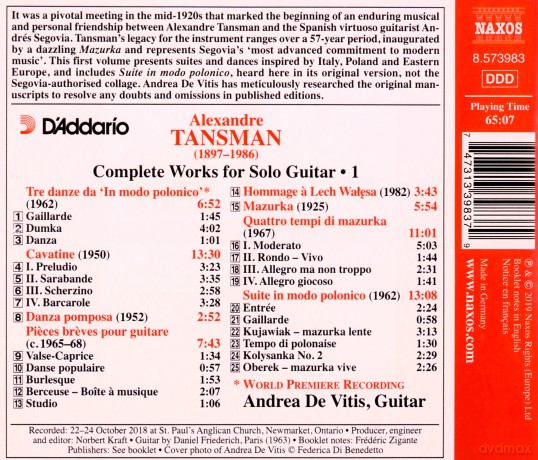 Andrea De Vitis: Alexandre Tansman: Complete Works For Solo Guitar. Vol. 1 [CD]