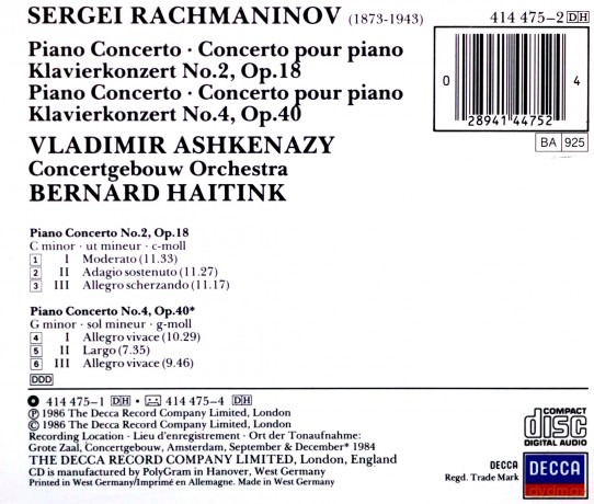 Vladimir Ashkenazy: Rachmaninov: Piano Concertos Nos 2 & 4 [CD]