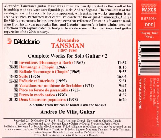 Andrea De Vitis: Alexandre Tansman: Complete Works For Solo Guitar. Vol.2 [CD]