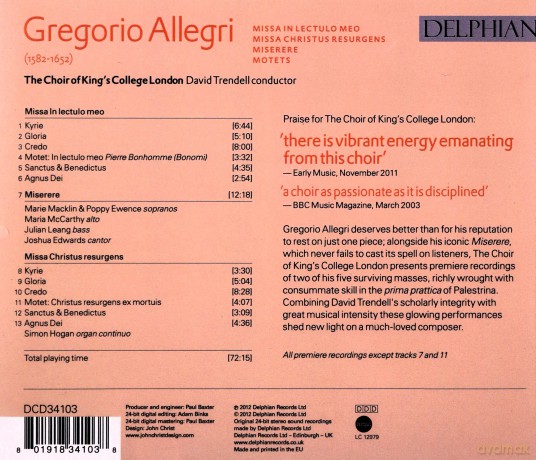 Allegri; Motets; Miserere; Missa in Iectulo meo; Missa Christus resurgens [CD]