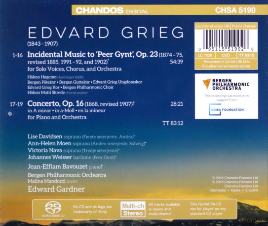 Grieg: Piano Concerto (Jean-Efflam Bavouzet; Bergen Philarmonic Orchestra and Choirs; Edward Gardner) (Chandos: CHSA 5190) [CD]