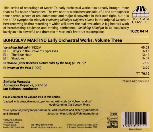 Martinu: Early Orchestral Works 3 (Sinfonia Varsovia; Ian Hobson) (Toccata Classics: TOCC 0414) [CD]