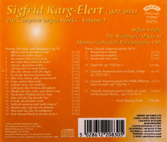 Stefan Engels: Complete Organ Works Of Sigfrid Karg - Elert - Vol 3 - The Steinmeyer Organ Of Altoona Cathedral. Pennsylvania. Usa [CD]