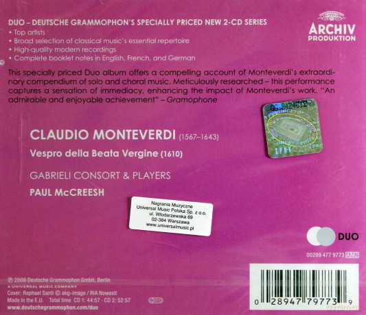 Paul Mccreesh: Monteverdi: 1610 Vespers (Duo) [2CD]