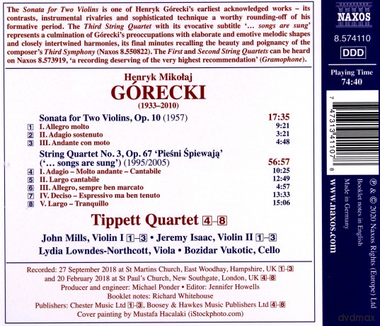 Tippett Quartet: Henryk Mikolaj Gorecki: String Quartet No. 3 ...Songs Are Sung. Sonata For Two Violins [CD]