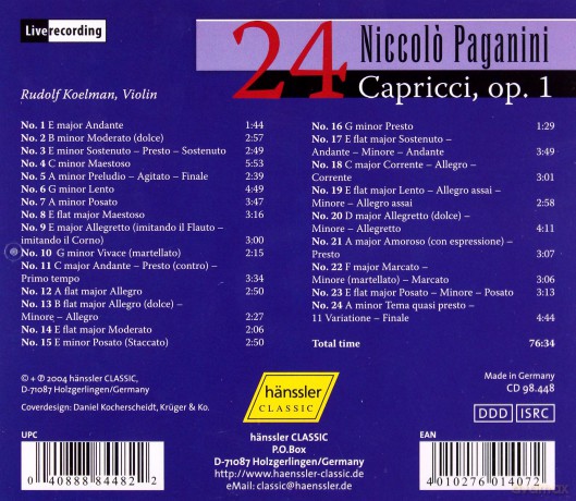 Niccolo Paganini: Capricen op.1 Nr.1-24 fur Violine solo [CD]
