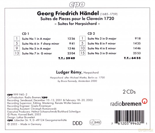 Georg Friedrich Handel: Cembalosuiten (1720) Nr.1-8 (HWV 426-433) [2CD]