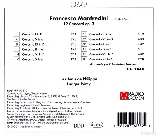 Francesco Onofrio Manfredini: Concerti op.3 Nr.1-12 (mit dem Weihnachtskonzert op.3,12) [CD]