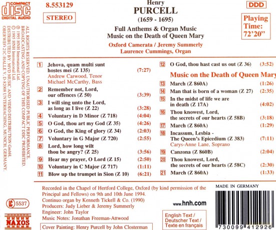 Henry Purcell: Funeral Music for Queen Mary [CD]