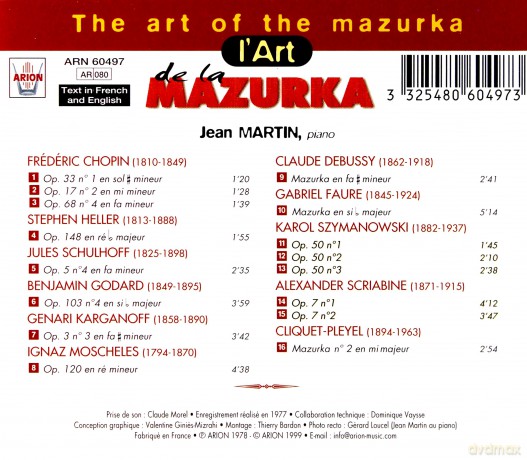 Frederic Chopin: Jean Martin - L'Art de la Mazurka [CD]