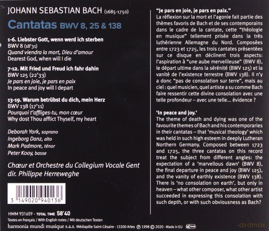 Johann Sebastian Bach: Kantaten BWV 8,125,138 [CD]