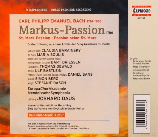 Carl Philipp Emanuel Bach: Markus-Passion (Archiv der Sing-Akademie Berlin) [CD]