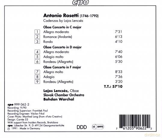 Antonio Rosetti: Oboenkonzerte C-dur,D-dur,F-dur (Murray C28,31,33) [CD]