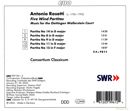 Antonio Rosetti: Partiten fur Blssser Nr.8,9,11,14,15 [CD]