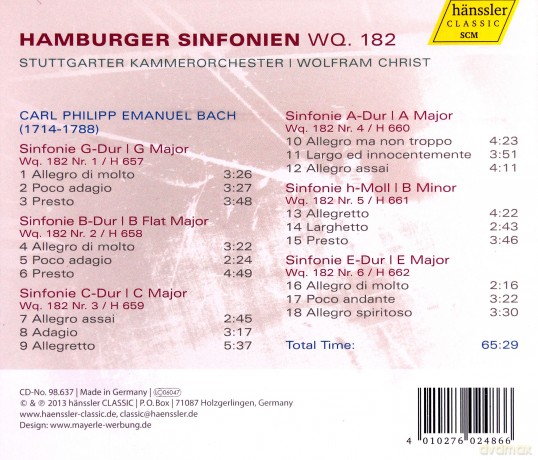Carl Philipp Emanuel Bach: Symphonien Wq.182 Nr.1-6 Hamburger [CD]