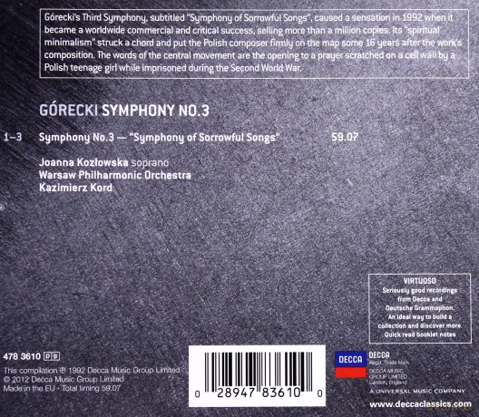 Kord,Kozłowska,Warsaw Philharmonic Orch: Górecki:Symphony 3 (Virtuoso) [CD]
