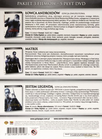 Pakiet Hitów cz.2: Łowca Androidów / Matrix / Jestem legendą [5DVD]