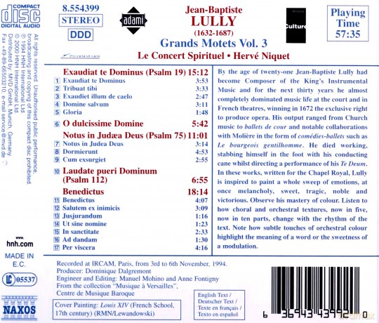 J.B. Lully: Lully: Grand Motets, Vol. 3 - Benedictus, Notus in Judea Deus [CD]