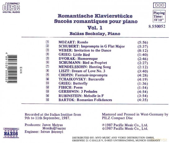 Balazs Szokolay: Romantic Piano Favourites, vol. 1 [CD]