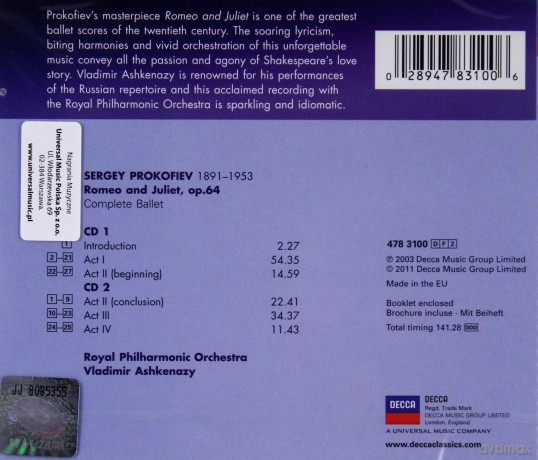 Vladimir Ashkenazy: Prokofiev:Romeo And Juliet (Ballet Edition) [2CD]