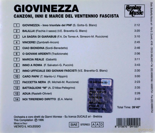Giovinezza: Canzoni, Inni E Marce Del Ventennio Fascista [CD]