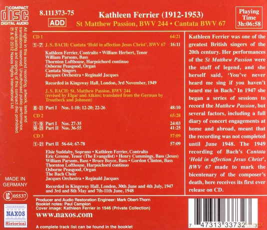 Ferrierbach Choirjacques: Bachst Matthew Passion [3CD]