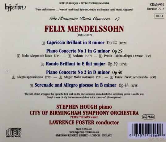 Cbsofoster: Mendelssohnpiano Concertos No 1 2 [CD]