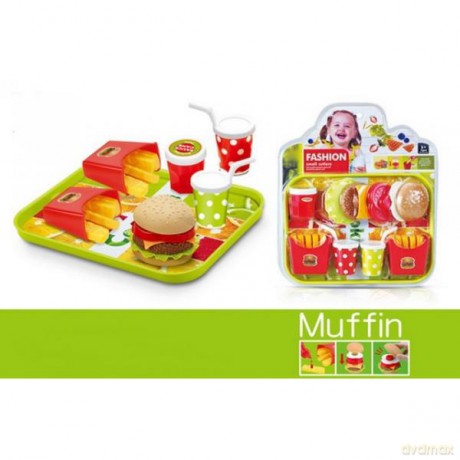 Artkuły spożywcze hamburger, frytki, napoje i sos, plaksa
