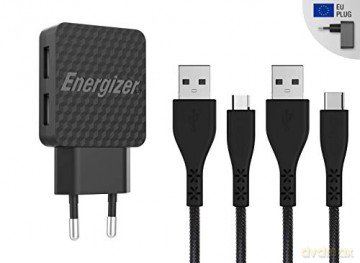Energizer Hardcase Ładowarka sieciowa 2USB 2,4A z kablem typ-C i microUSB czarna Lifetime