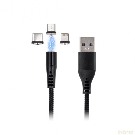 Kabel magnetyczny Maxlife MXUC-03 3w1 (USB - Lightning/USB-C/microUSB) Fast Charge 3A (QC3.0) czarny