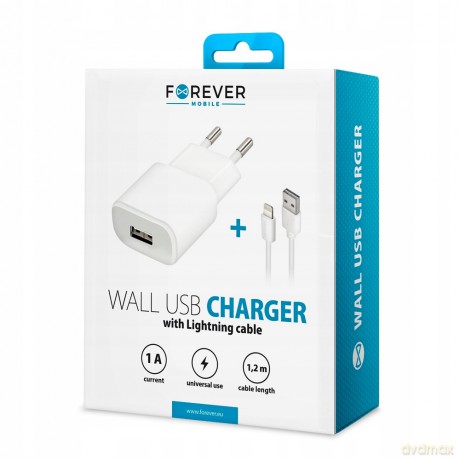 Ładowarka sieciowa Forever USB 1A TC-01 + kabel do iPhone 8-pin biała