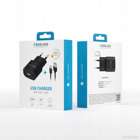 Ładowarka sieciowa Forever USB 2A TC-01 + kabel typ-C czarna