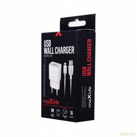 Ładowarka sieciowa Maxlife MXTC-01 USB 1A + kabel 8-PIN biała