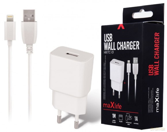 Ładowarka sieciowa Maxlife MXTC-01 USB 1A + kabel 8-PIN biała