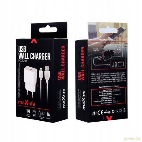 Ładowarka sieciowa Maxlife MXTC-01 USB 1A + kabel 8-PIN biała