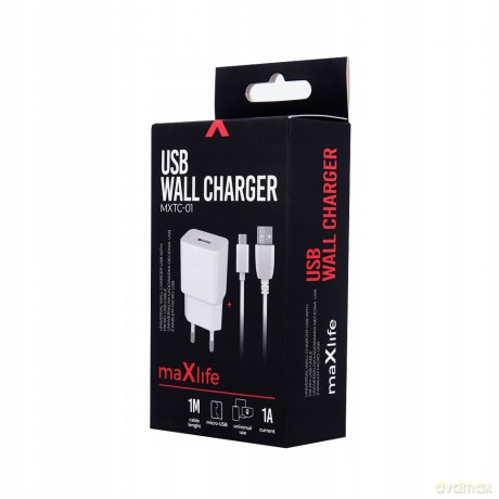 Ładowarka sieciowa Maxlife MXTC-01 USB 1A + kabel Micro USB biała