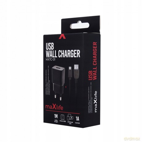 Ładowarka sieciowa Maxlife MXTC-01 USB 1A + kabel Micro USB czarna