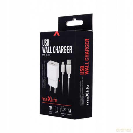 Ładowarka sieciowa Maxlife MXTC-01 USB 1A + kabel Typ-C biała