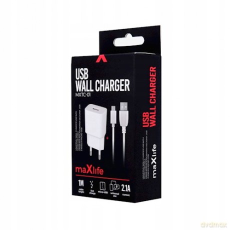 Ładowarka sieciowa Maxlife MXTC-01 USB Fast Charge 2.1A + kabel Micro USB biała