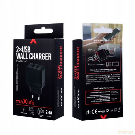 Ładowarka sieciowa Maxlife MXTC-02 2xUSB Fast Charge 2.4A czarna