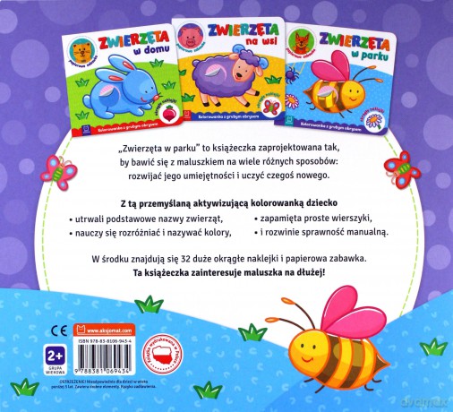 Zwierzęta w parku. Kolorowanka z grubym obrysem, okrągłe naklejki, papierowa zabawka [KSIĄŻKA]
