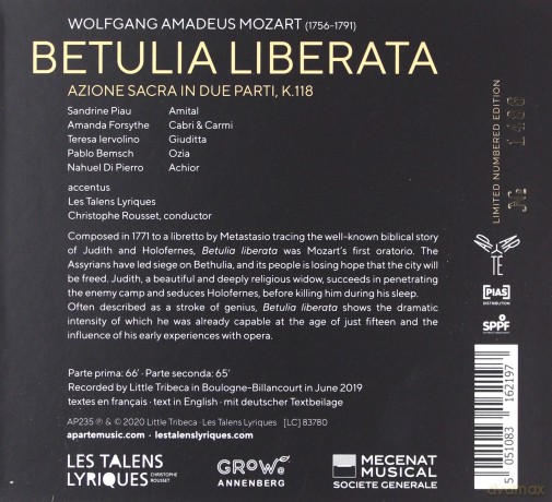 Mozart: Betulia Liberata Les Talens Lyriques Rousset (digipack) [2CD]