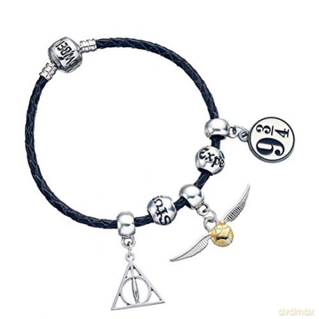 Harry Potter: Harry Potter Charm Zestaw- Black Leather Bracelet/Deathly Hallows/Snitch/Platform/2 Spellbeads