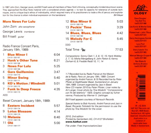 John Zorn, George Lewis, Bill Frisell: More News For Lulu [CD]