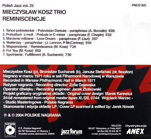 Mieczysław Kosz: Trio - Reminiscence / Reminiscencje (Polish Jazz, vol. 25) [CD]