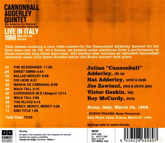 Cannonball Adderley Quintet: Live In Italy 1969 [CD]