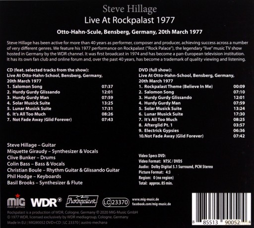 Steve Hillage: Live At Rockpalast 1977 (digipack) [CD]+[DVD]