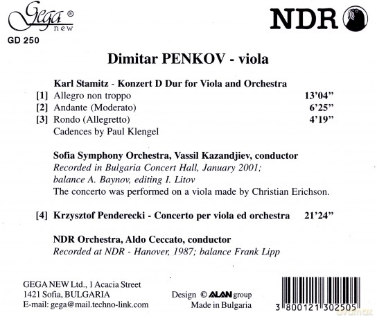 Dimiter PENKOV, Sofia Symphony Orchestra, NDR Orchestra: Karl Stamitz - Konzert D Dur. for Viola and Orchestra; Krzysztof Penderecki - Concerto per viola ed orchestra [CD]