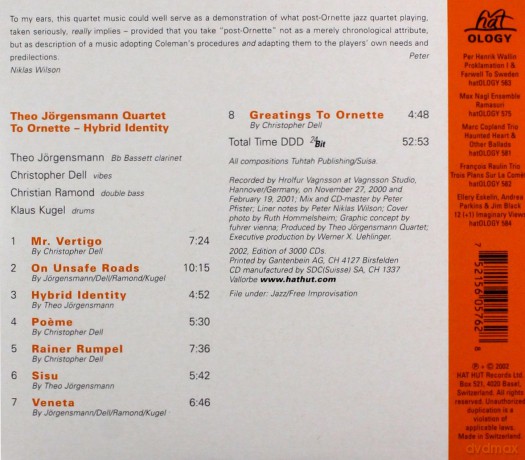 Theo Jorgensmann Quartet: To Ornette - Hybrid Identity [CD]