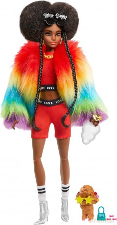 Lalka Barbie Extra Moda Ciemno skóra kolorowe futro